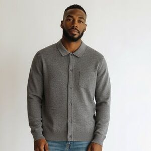 QUINCE MONGOLIAN CASHMERE POLO CARDIGAN Size L Heather Grey Quiet Luxury Preppy